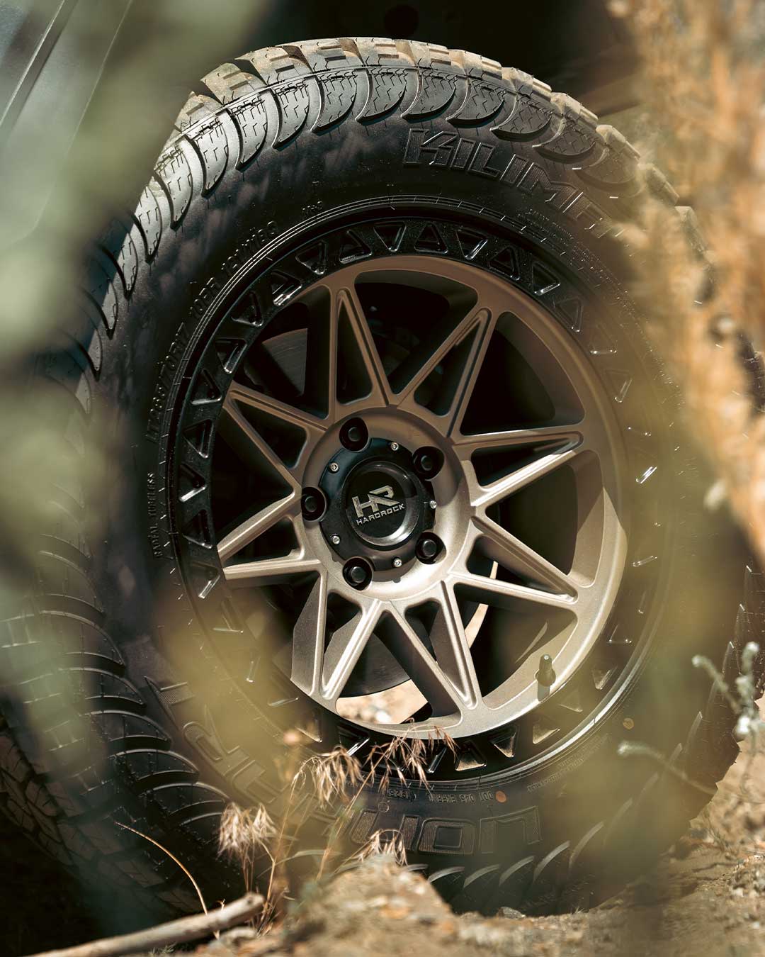 tight shot of matte bronze hardrock offroad h109 off road wheel through brush