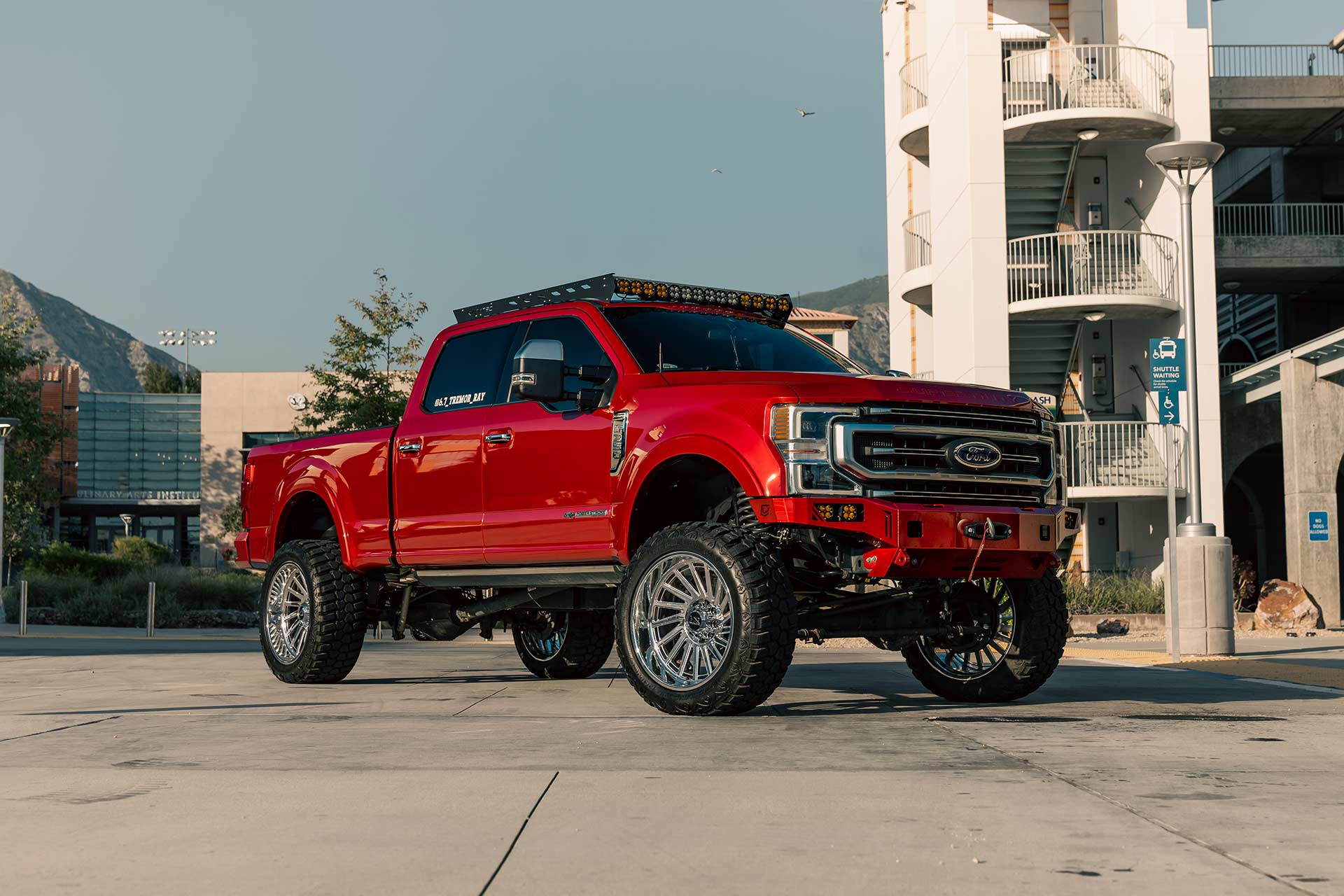 red for f-350 with chrome concave forged hardrock h905 truck wheels